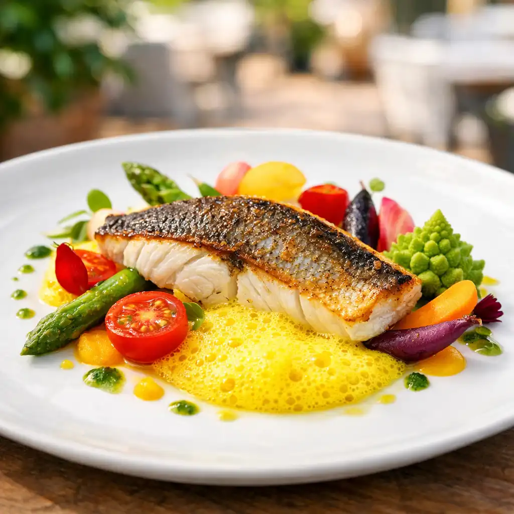 Filet de bar rôti, écume de safran et légumes croquants