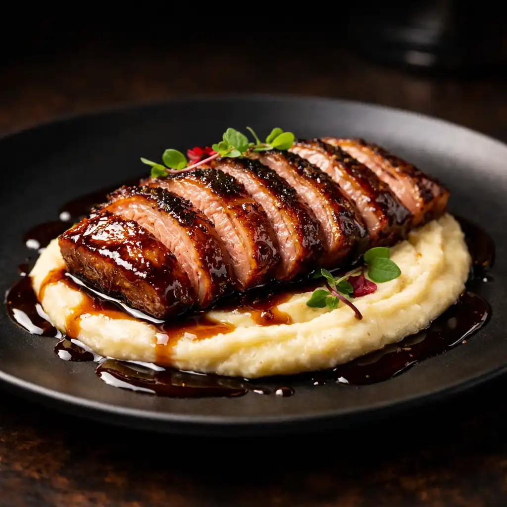 Magret de canard laqué au miel et purée de panais