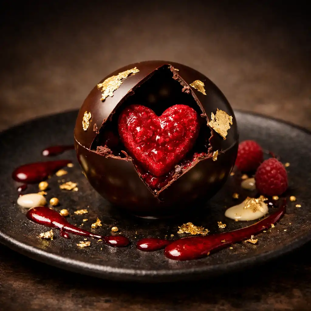 Sphère chocolat grand cru avec cœur framboise