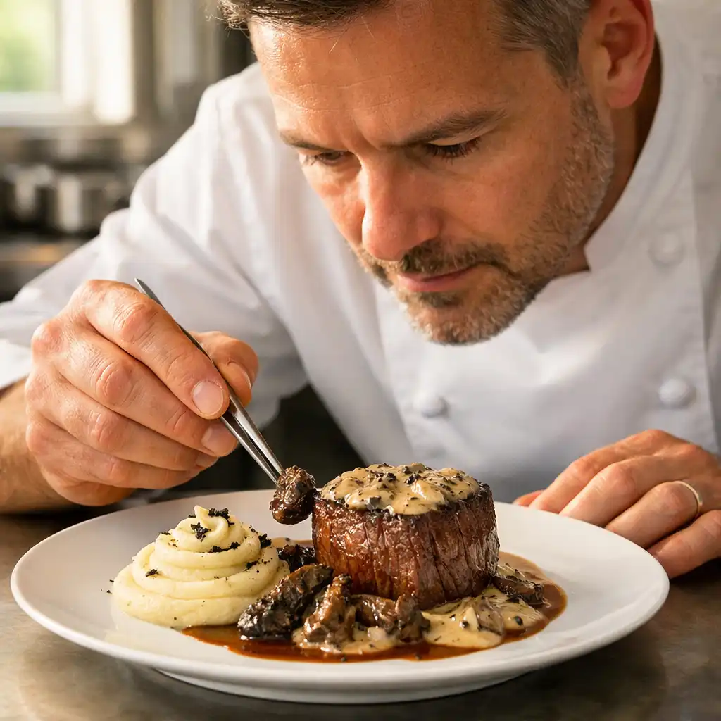 Chef dressant une assiette signature dans la cuisine