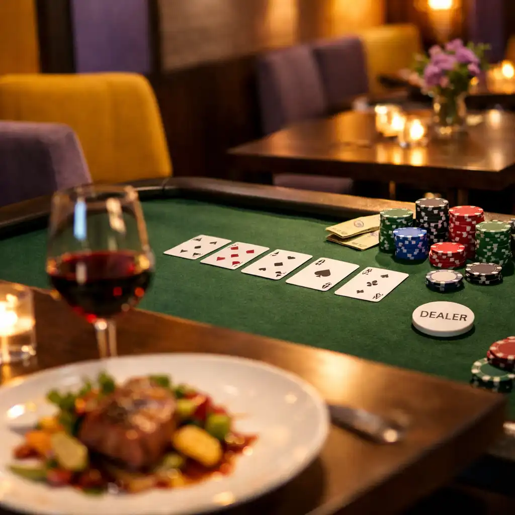 Transition entre un dîner raffiné et une table de poker avec cartes et jetons