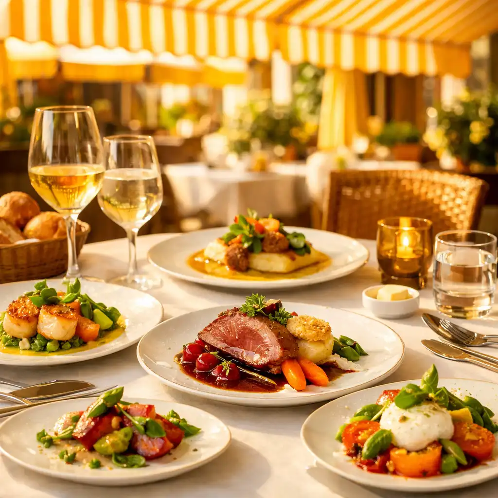 Table de restaurant élégante avec plats gastronomiques français et stores rayés en arrière-plan