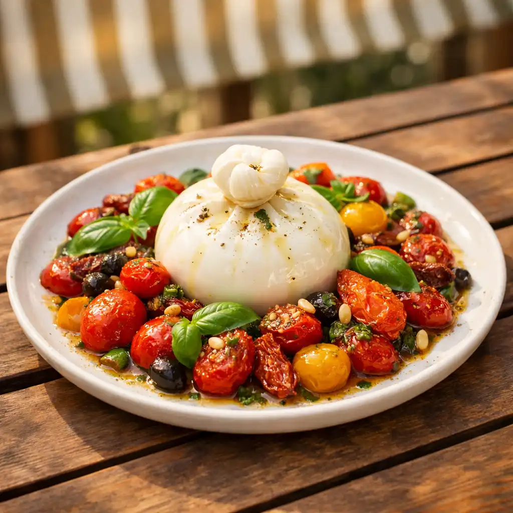 Burrata aux tomates confites servie en terrasse