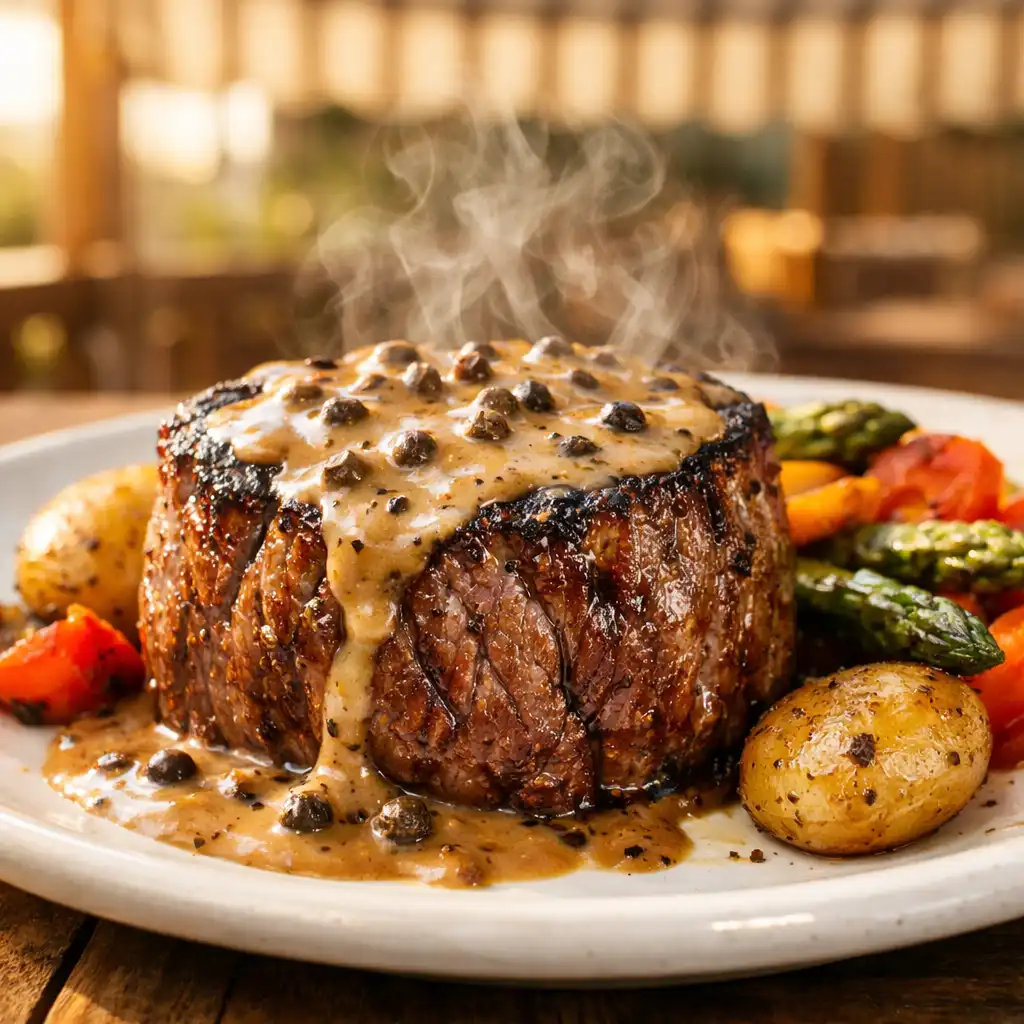Filet de bœuf sauce au poivre avec légumes rôtis