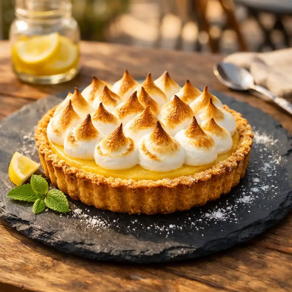 Tarte au citron meringuée sur assiette en ardoise