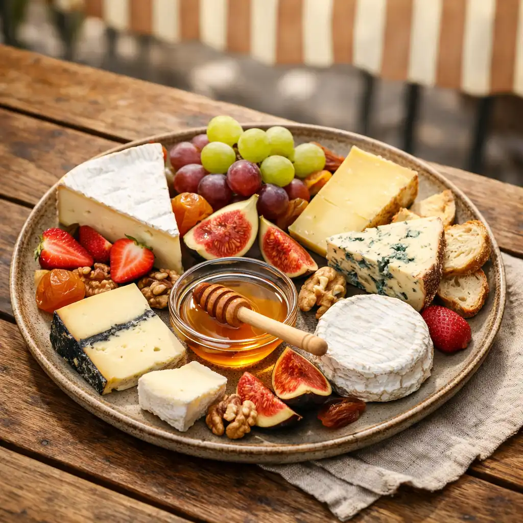 Assiette de fromages français avec fruits et miel