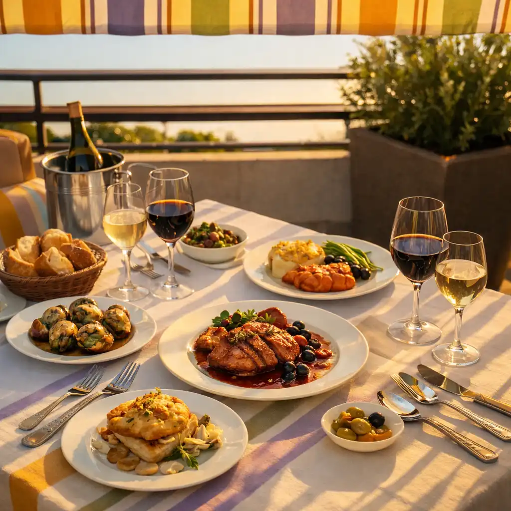 Table élégante sur la terrasse de Terrasse Aubeline avec des plats raffinés et des stores rayés