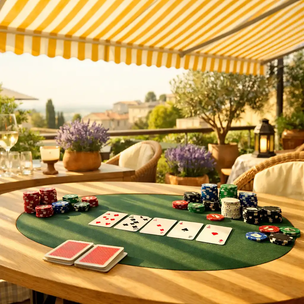 Table de poker élégante sur la terrasse contemporaine de Terrasse Aubeline, avec stores rayés et ombres diagonales