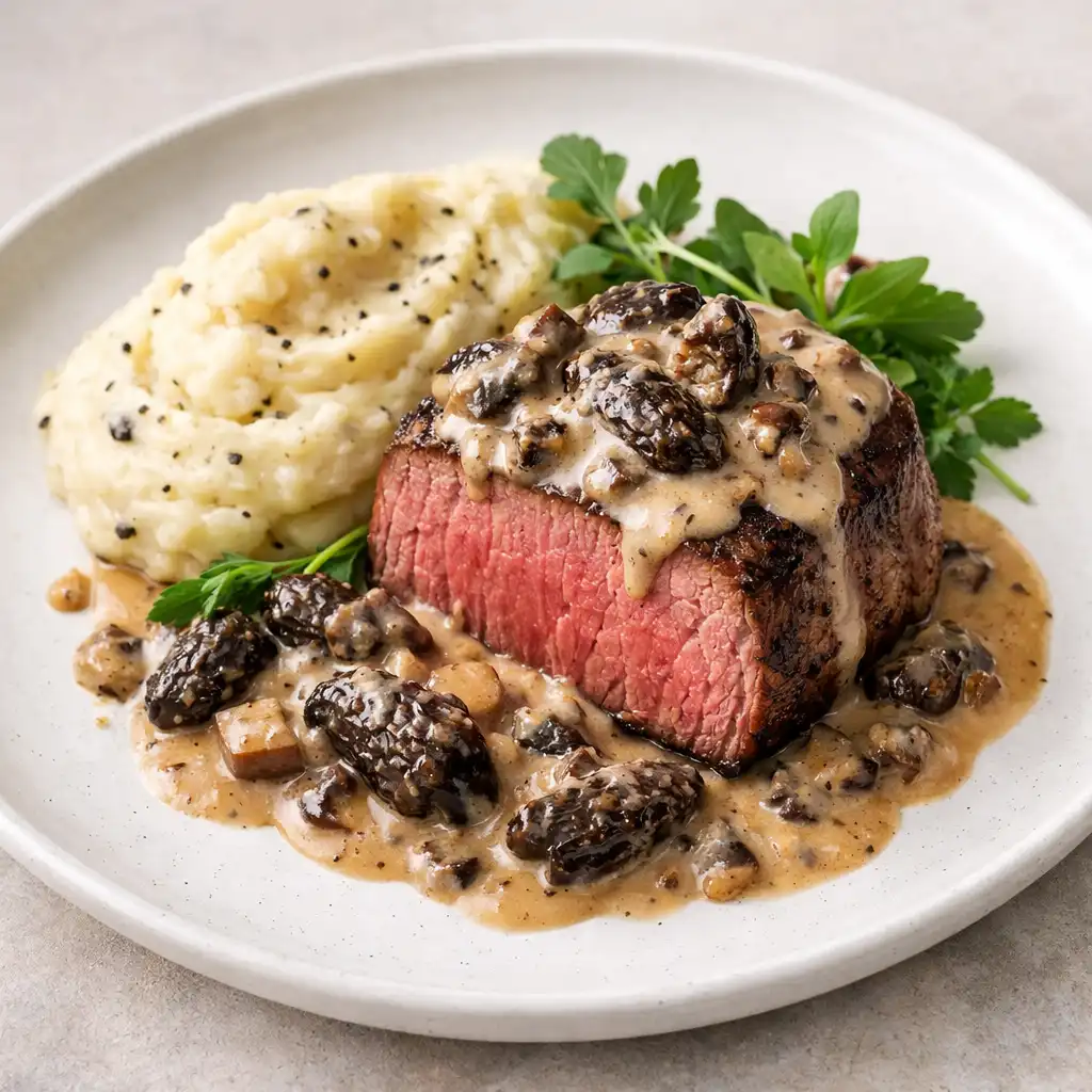 Filet de bœuf aux morilles avec purée à la truffe