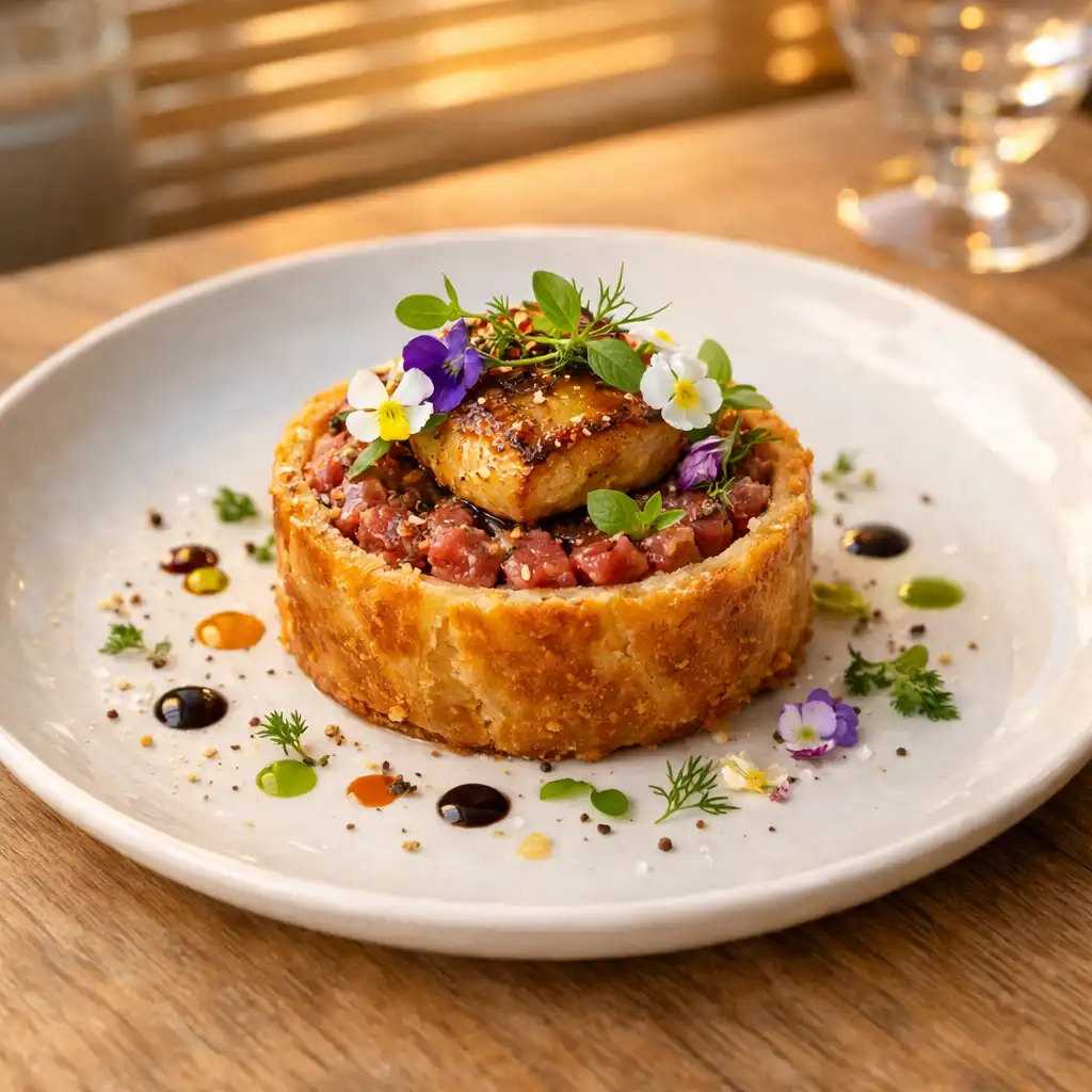 Plat signature : tartare de bœuf en croûte avec foie gras et fleurs comestibles