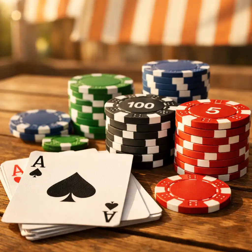 Cartes à jouer et jetons de poker sur une table en bois