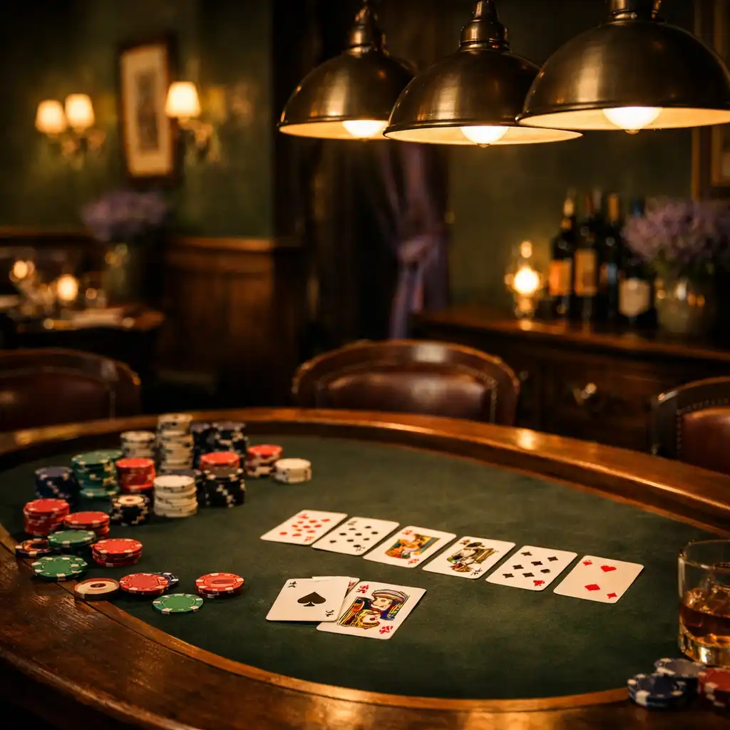 Ambiance feutrée de la Poker Room avec table de poker, cartes et jetons sous une lumière chaude