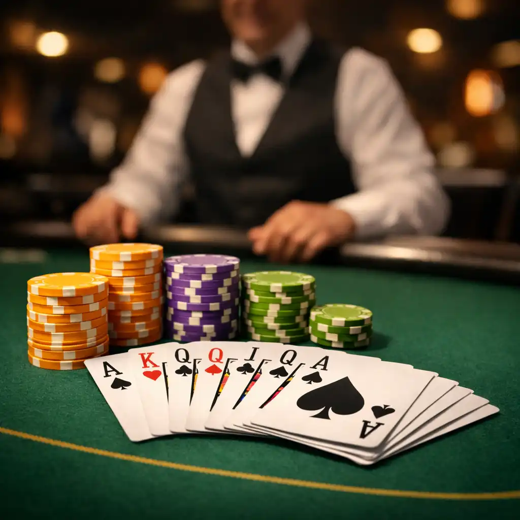 Détail d'une table de poker avec cartes en éventail et jetons colorés dans la Poker Room