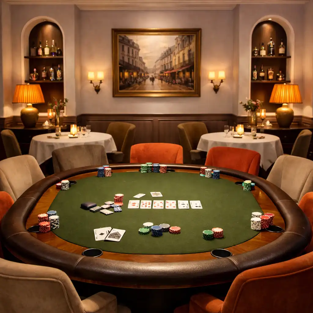 Poker Room élégante avec table professionnelle, éclairage tamisé et décoration contemporaine