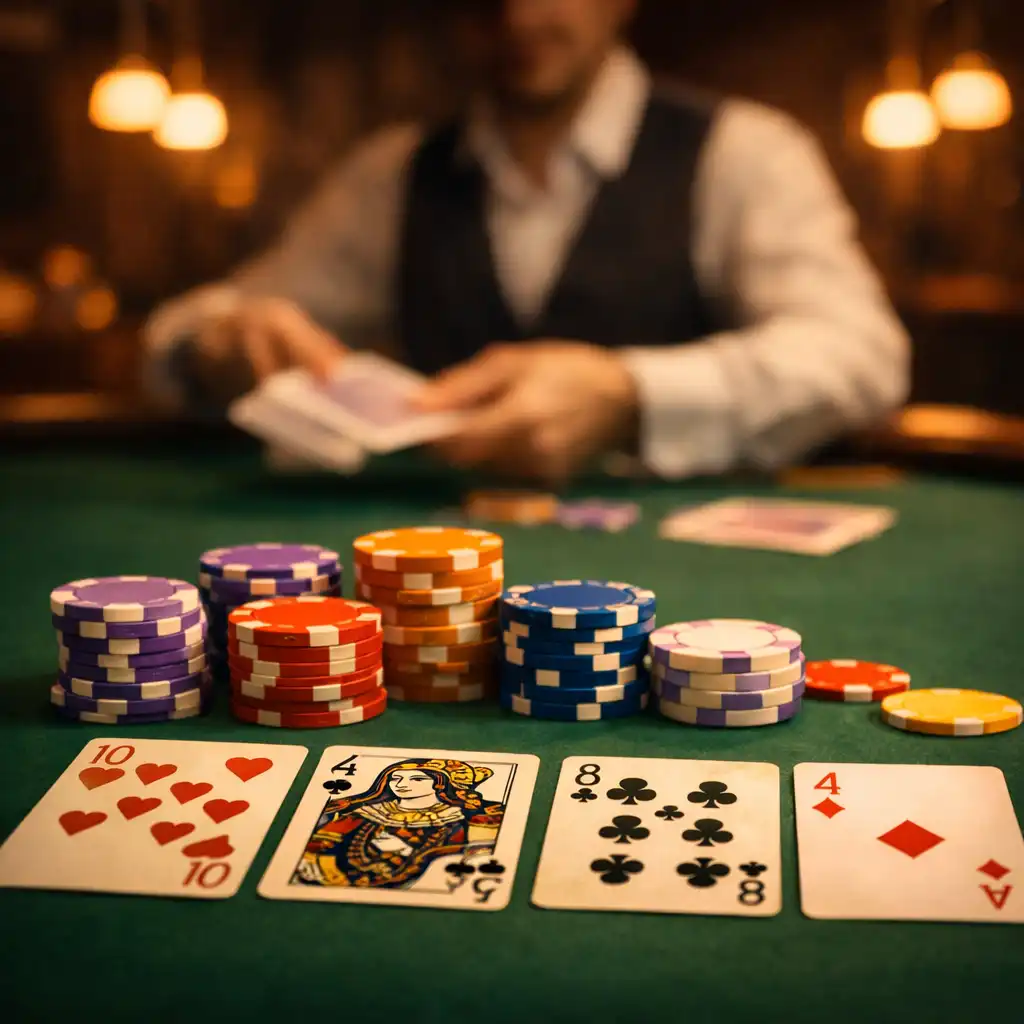 Table de poker en feutre vert avec cartes et jetons colorés, éclairée par des lampes suspendues