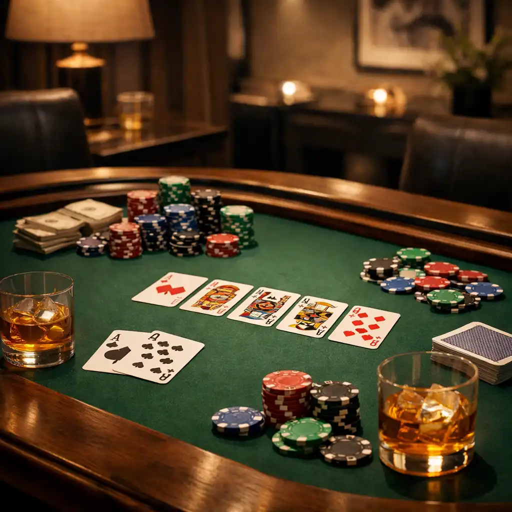 Table de poker élégante avec cartes et jetons dans une ambiance feutrée