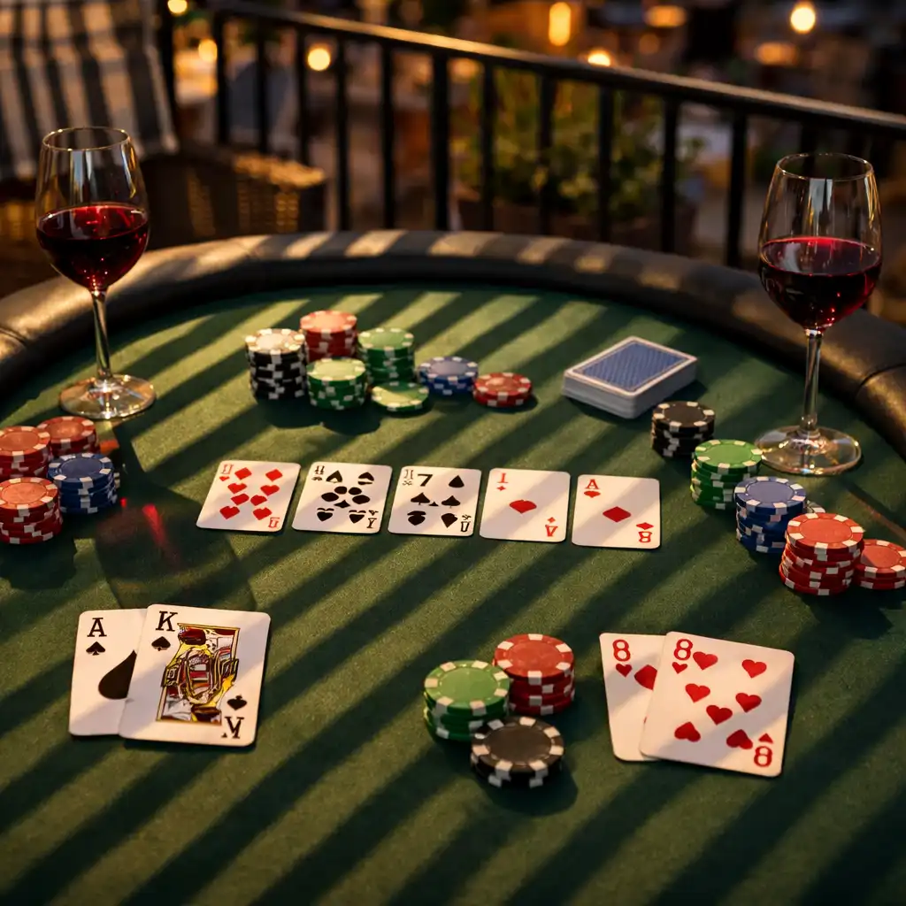 Table de poker en terrasse avec cartes et jetons