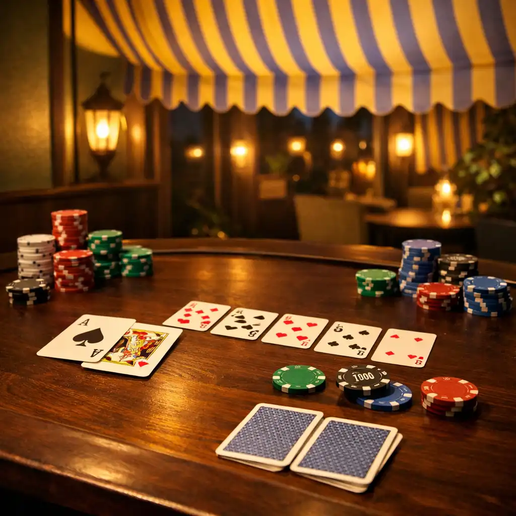 Table de poker avec cartes et jetons dans une ambiance feutrée