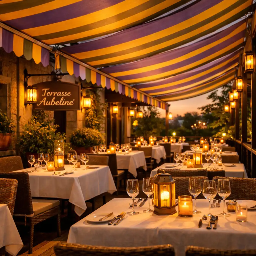Terrasse ensoleillée avec stores rayés et tables élégantes