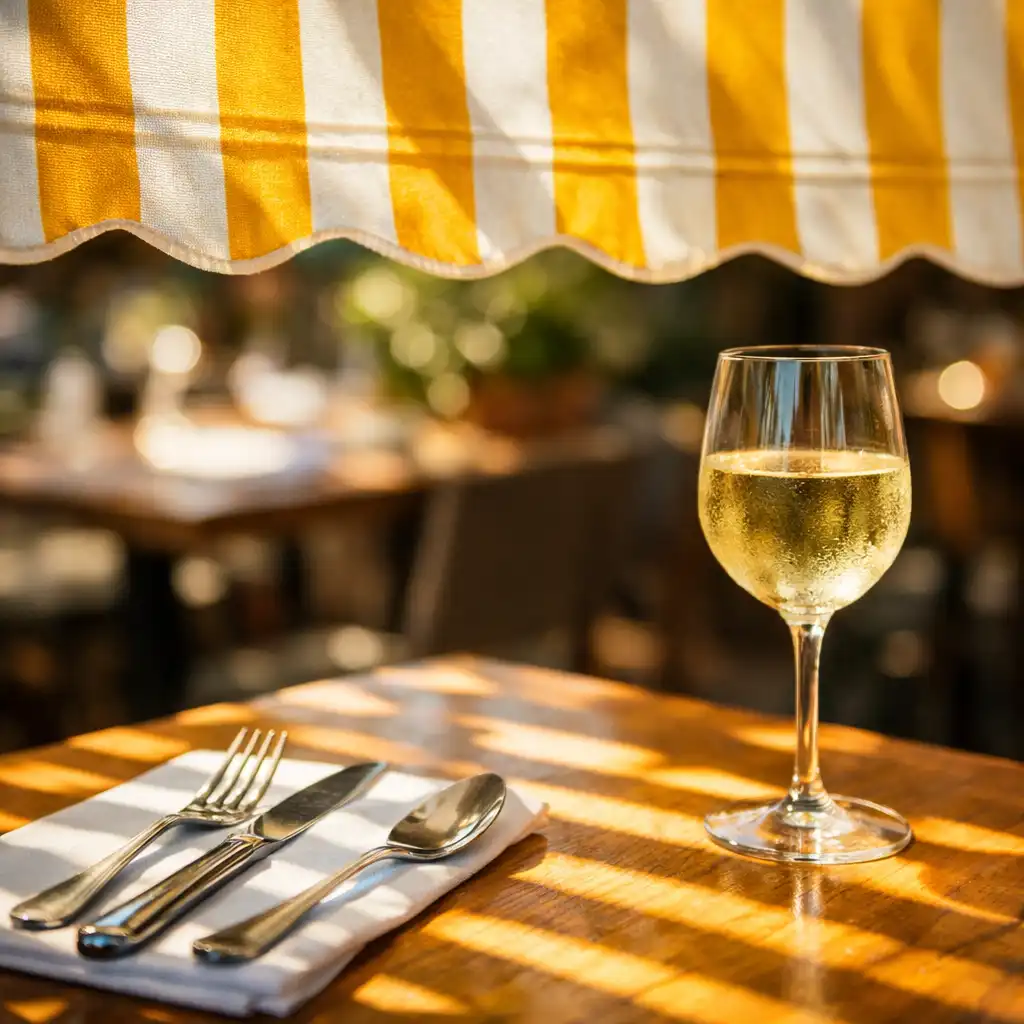 Détail d'un store rayé safran et blanc au-dessus d'une table dressée avec couverts et verre de vin