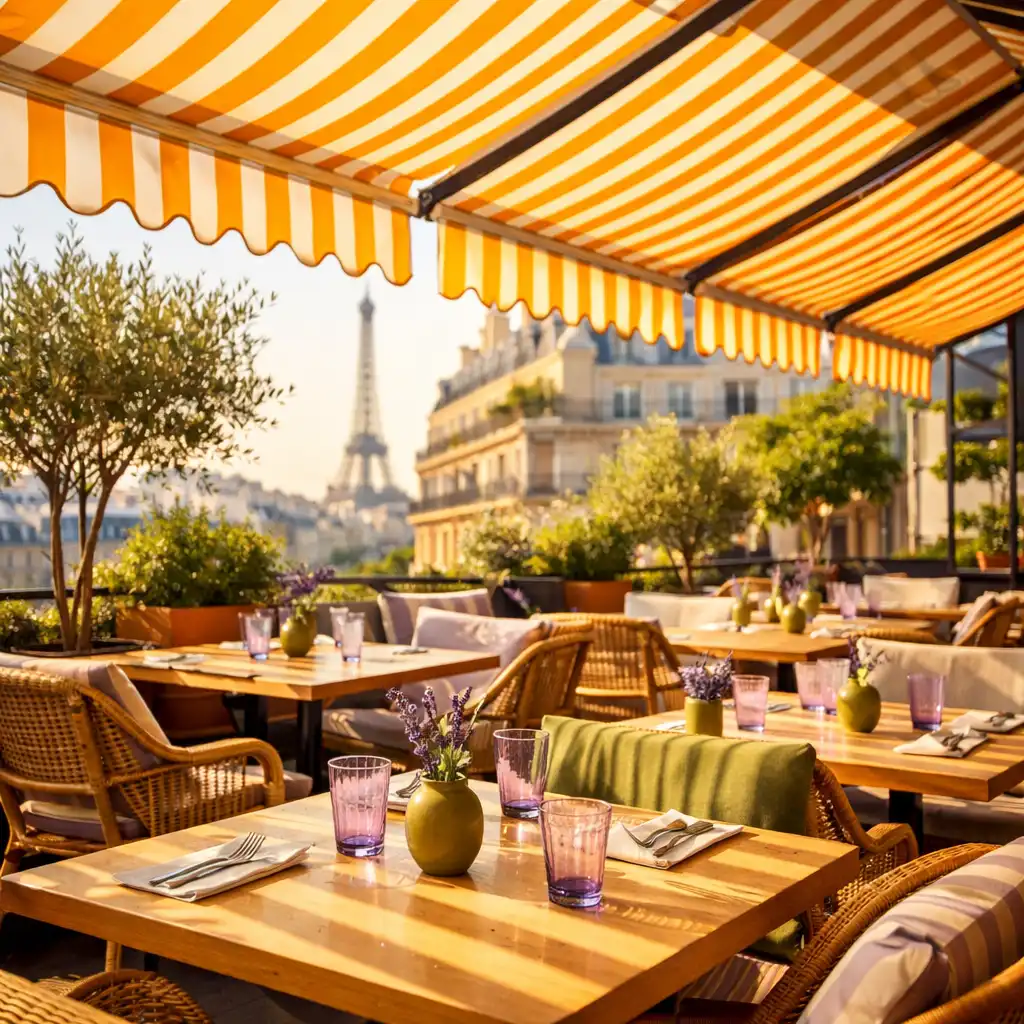 Terrasse contemporaine de Terrasse Aubeline avec stores rayés créant des ombres graphiques sur les tables