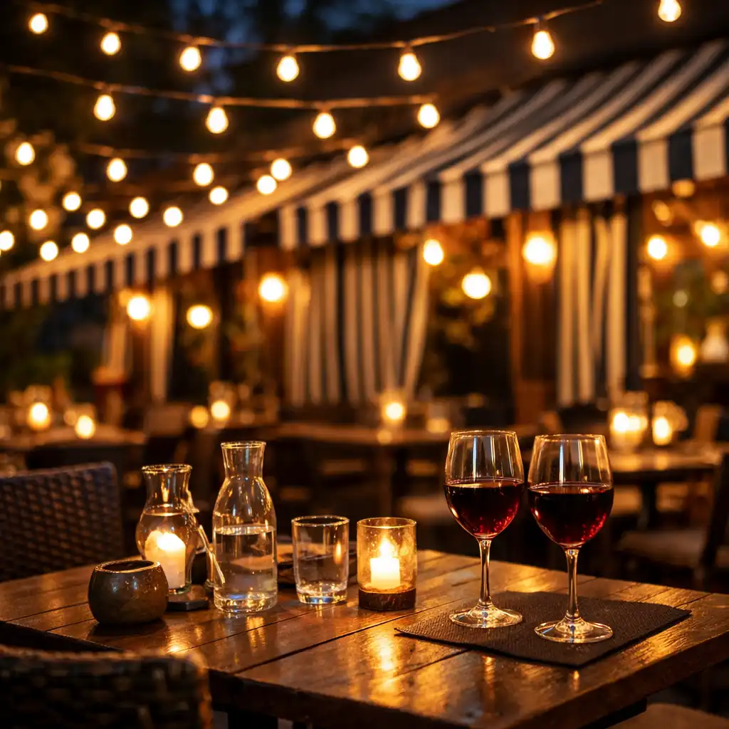Terrasse en soirée avec guirlandes lumineuses