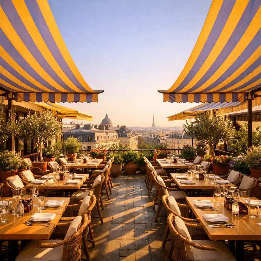 Terrasse Aubeline avec stores rayés et tables dressées sous une lumière dorée