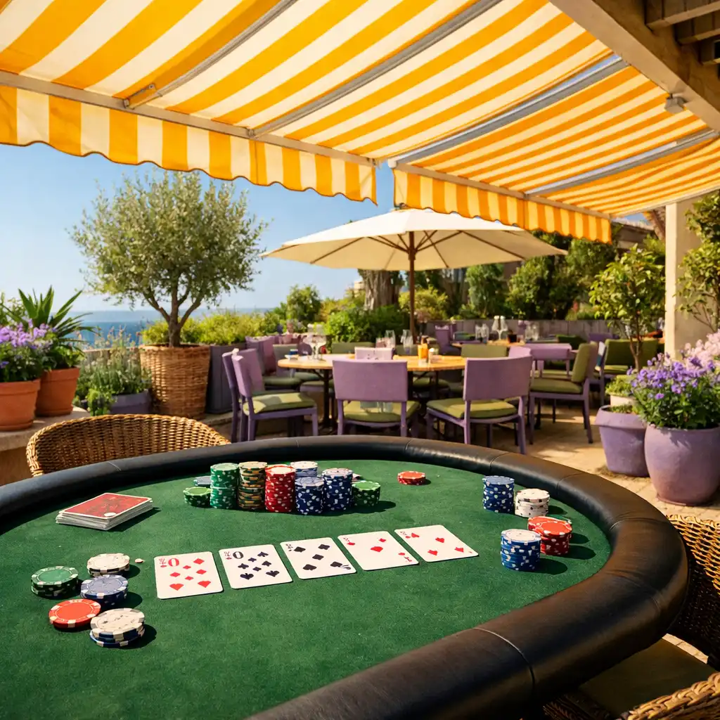 Terrasse contemporaine avec stores rayés, table de poker et ambiance estivale
