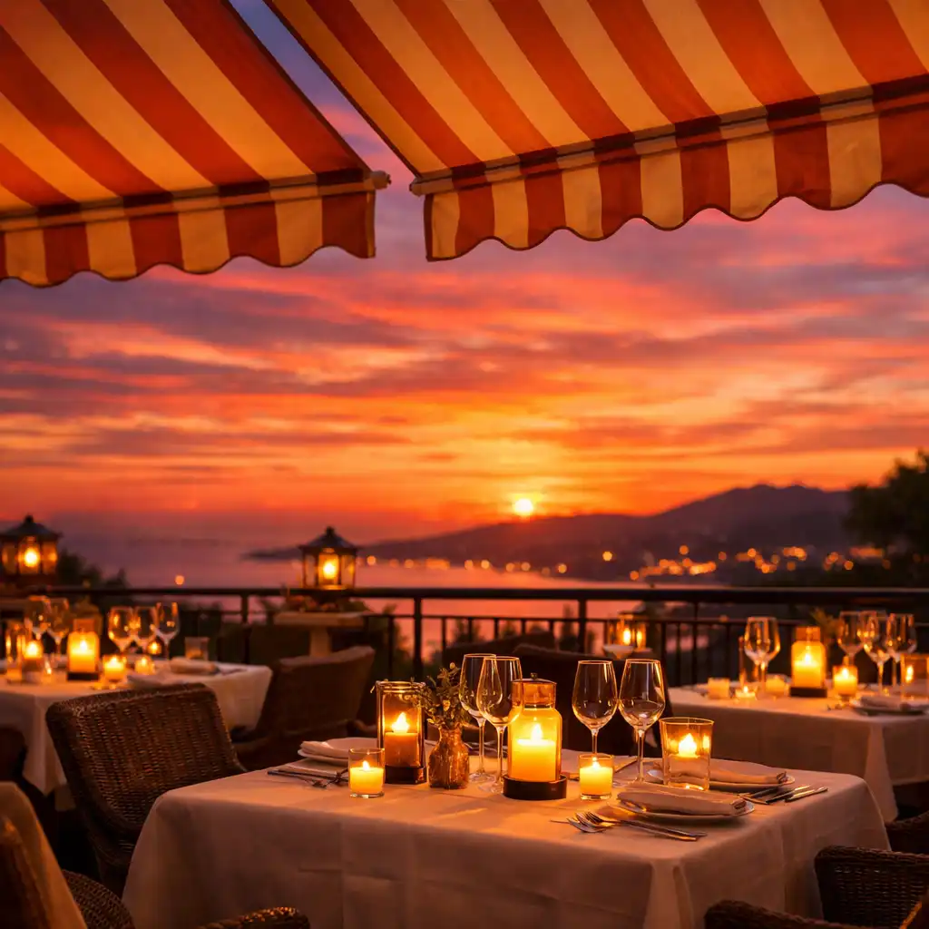 Terrasse au coucher du soleil avec bougies allumées